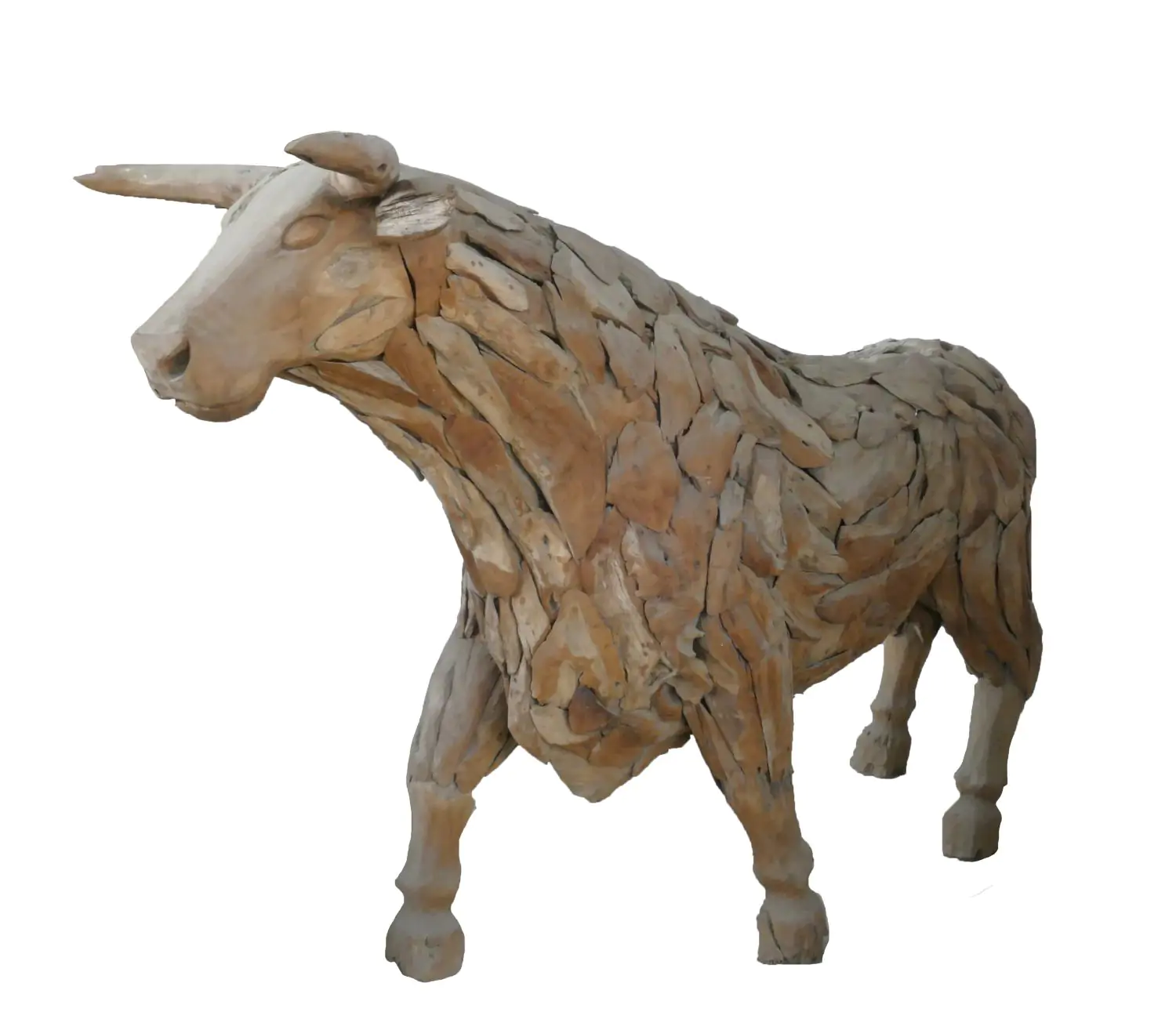  Product image 1 of the product “Standing Bull. Artistic made made from single teak wood pieces. The head is carved wood. The size is 247cm Length. ”